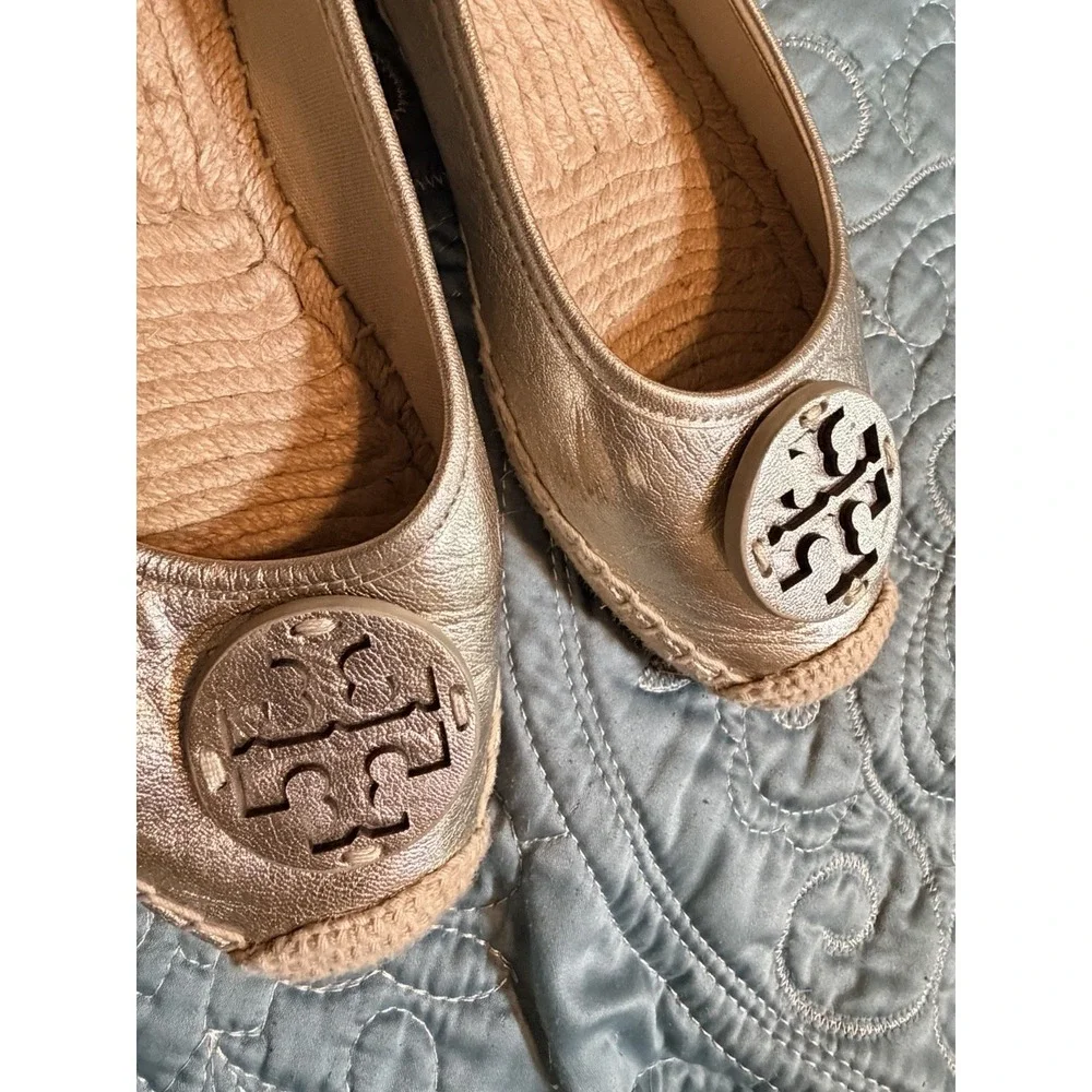 Tory Burch Eleanor Logo Espadrille Leather Flat Metallic Silver US 7.5M